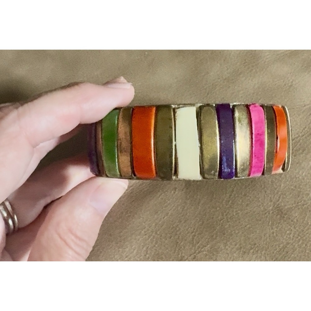 Colorful Vintage Bone & Brass Bangle Bracelet 1970s Bohemian Chic 2 3/4"